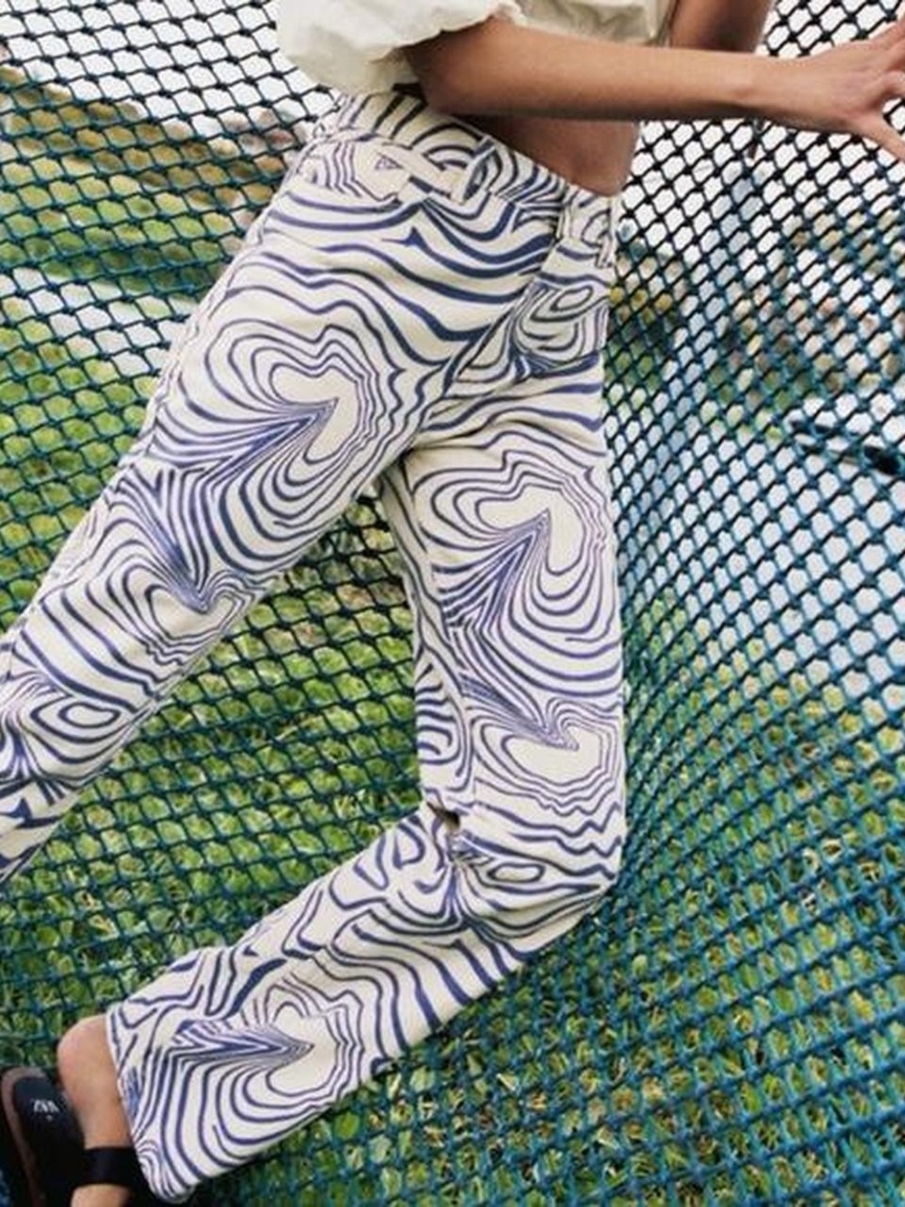 ZARA Printed Purple Wave-Pattern Straight Leg Jeans - Boho Hippie Trendy Hearts